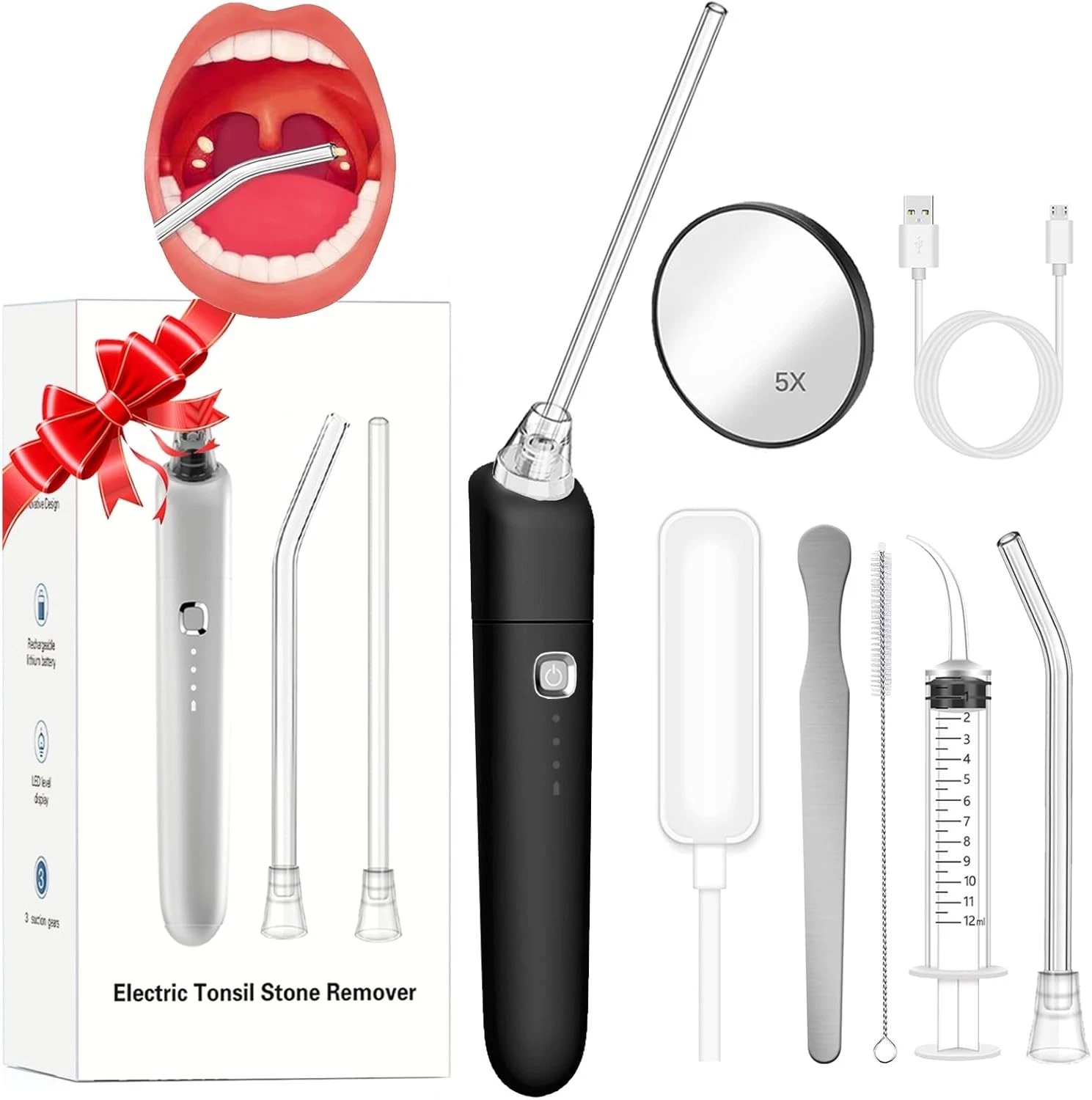 NEW Tonsil Stone Remover Kit, Vacuum, Irrigator, Mirror 3 Settings Rechargeable